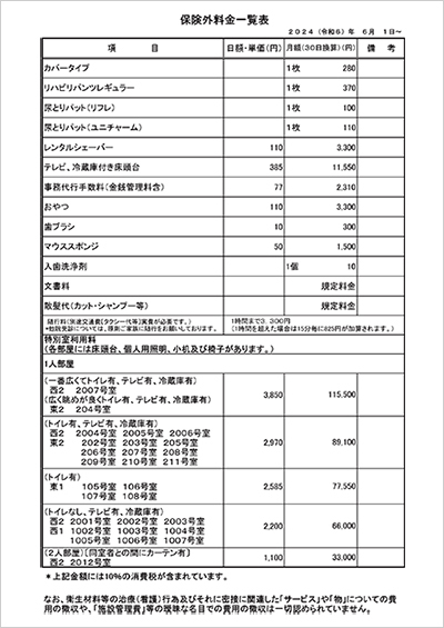 保険外料金一覧表